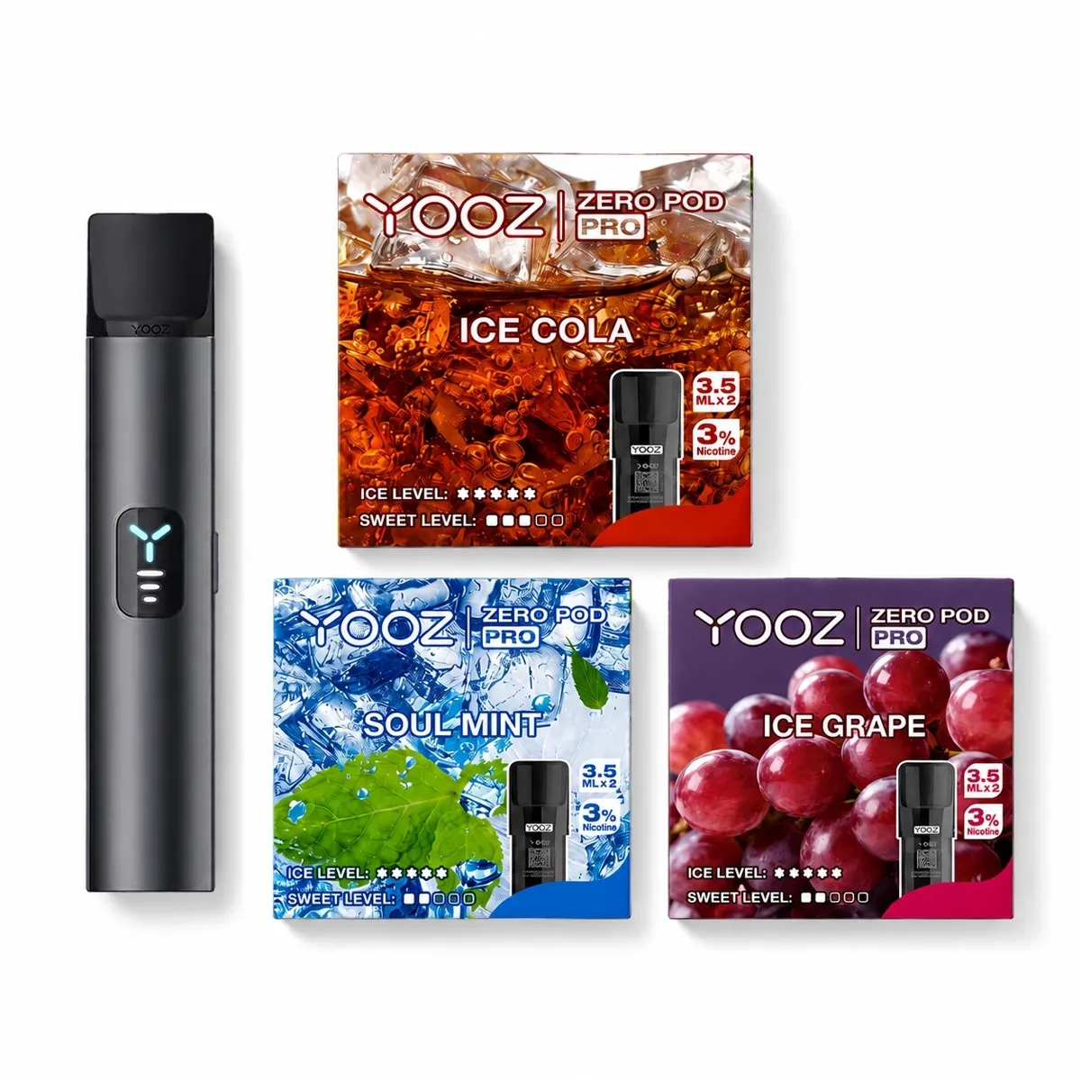 YOOZ V3 デバイスとZERO POD PRO（アイスコーラ・ソウルミント・アイスグレープ）